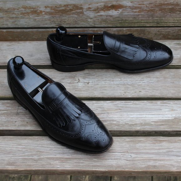 Vintage 80s Black Kangaroo Wingtip Loafers, Men's 13 D, Made in Canada by Dack's - Picture 1 of 13
